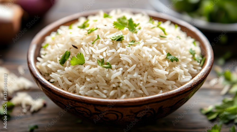 Delicious bowl of fluffy white rice garnished with fresh cilantro Delicious bowl of fluffy white rice garnished with fresh cilantro