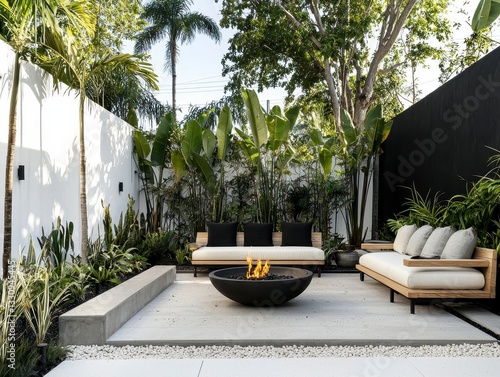 Modern Outdoor Lounge with Fire Pit Surrounded by Lush Greenery