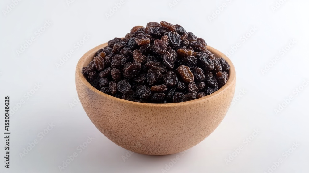 A Wooden Bowl Filled with Dark Brown Raisins A Wooden Bowl Filled with Dark Brown Raisins