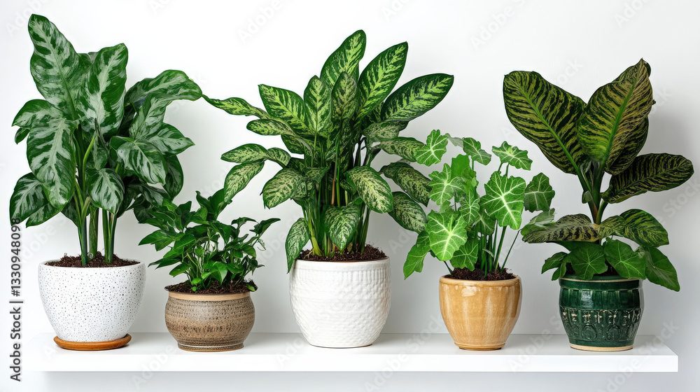 Fototapeta premium Green plants planted in flowerpots by the wall