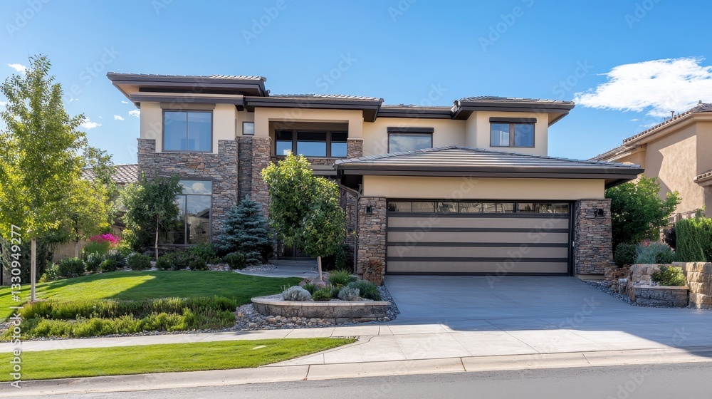 Fototapeta premium Modern Two-Story House with Stone Accents and Lush Landscaping
