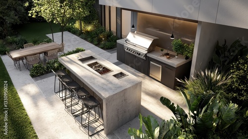 Modern Outdoor Kitchen with Stylish Barbecue and Dining Area