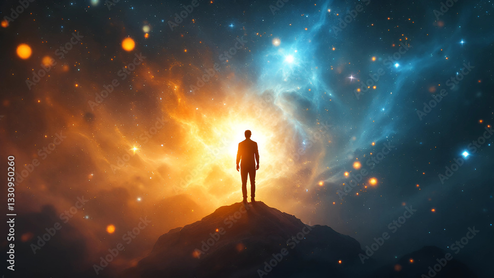 Fototapeta premium High fashion shot of universe meta human god spirit silhouette on galaxy space background new quality colorful spiritual stock image illustration wallpaper design generative ai- 50