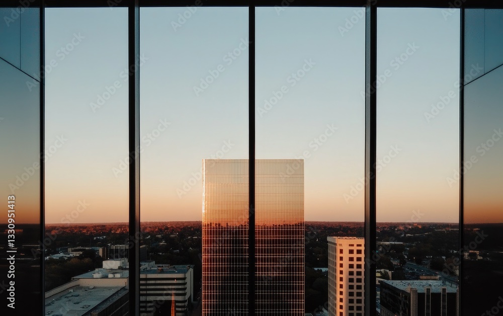 Urban Sunset View Through High-Rise Window With Cityscape Reflection Urban Sunset View Through High-Rise Window With Cityscape Reflection
