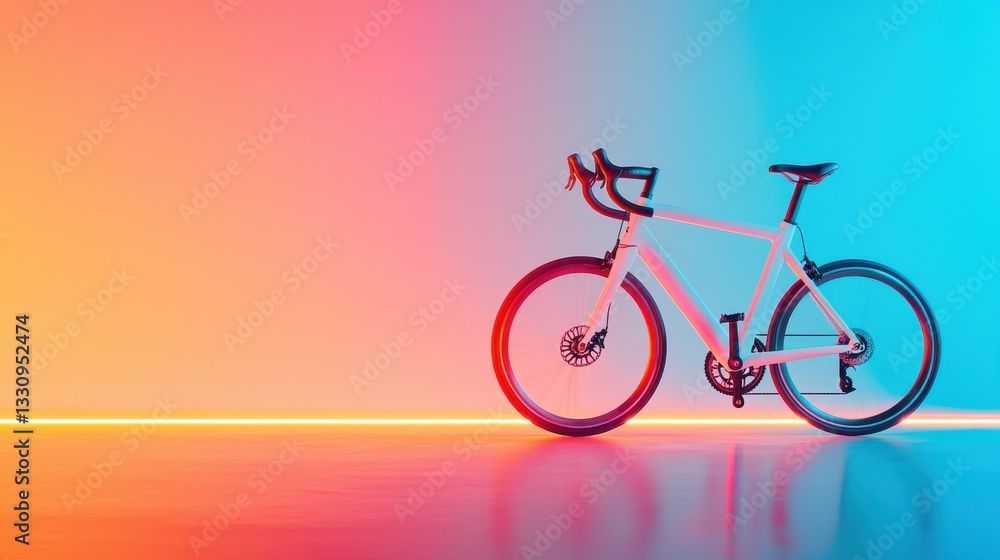 Fototapeta premium A modern bicycle rests against vibrant colored lights, showcasing sleek design and style.