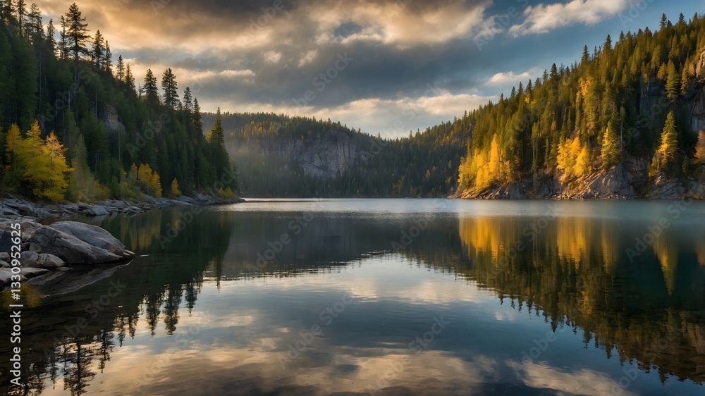 Fototapeta premium Warm Embrace: Reflections of a Calm Lake at Sundown