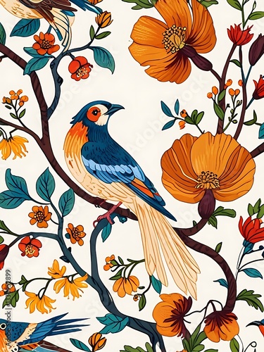 seamless pattern with birds and flowers