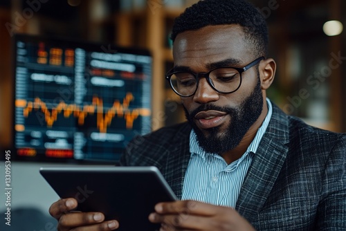 Focused Man Reviewing Stock Market Data on Tablet