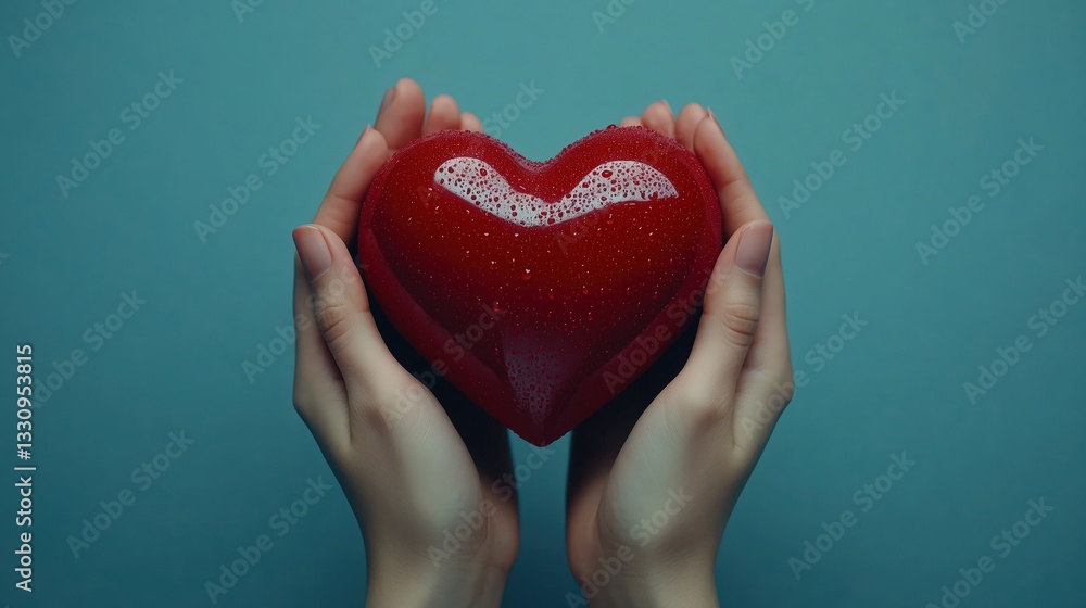 Fototapeta premium Hands holding a red heart with a crack, symbolizing love and healing.