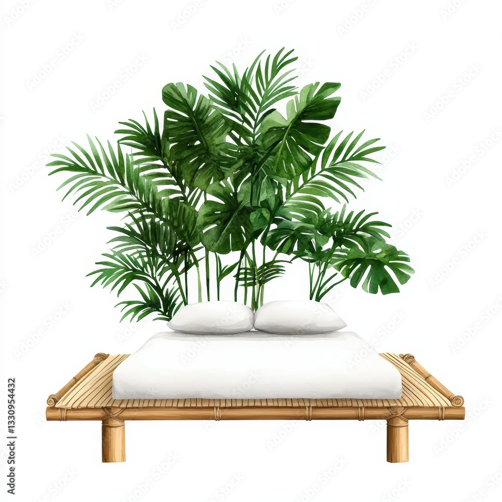 Fototapeta premium Modern bed design with lush greenery for tranquil bedroom decor