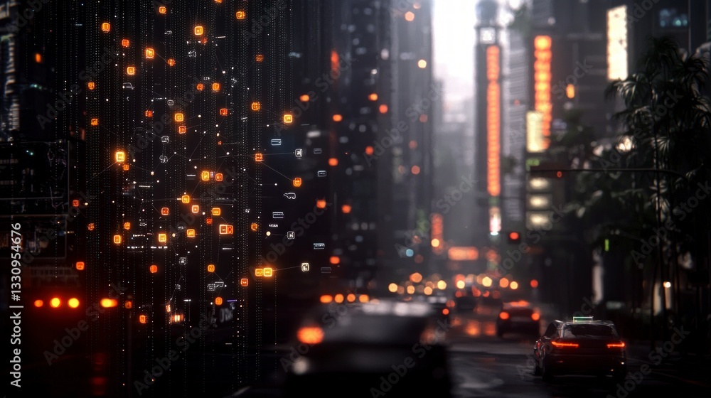 Obraz premium Futuristic Cityscape Smart City Network AI Data Flow Technology
