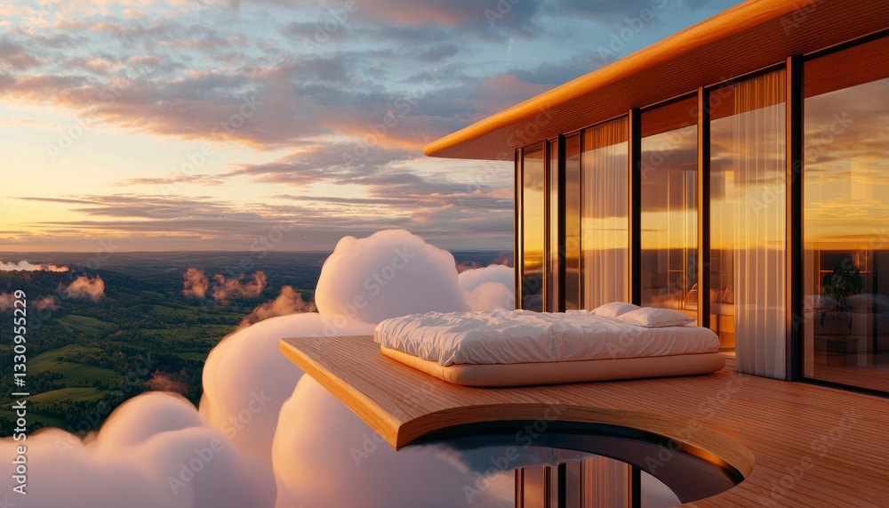 Fototapeta premium Imagine drifting into peaceful slumber upon a cloud-suspended bed, gently swaying amidst the ethereal beauty of a tranquil sky, where dreams intertwine with reality, as sunlight paints the heavens in