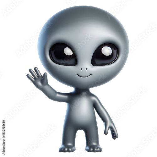 Cute confident gray alien character waving hand smiling in 3d render isolated on white background