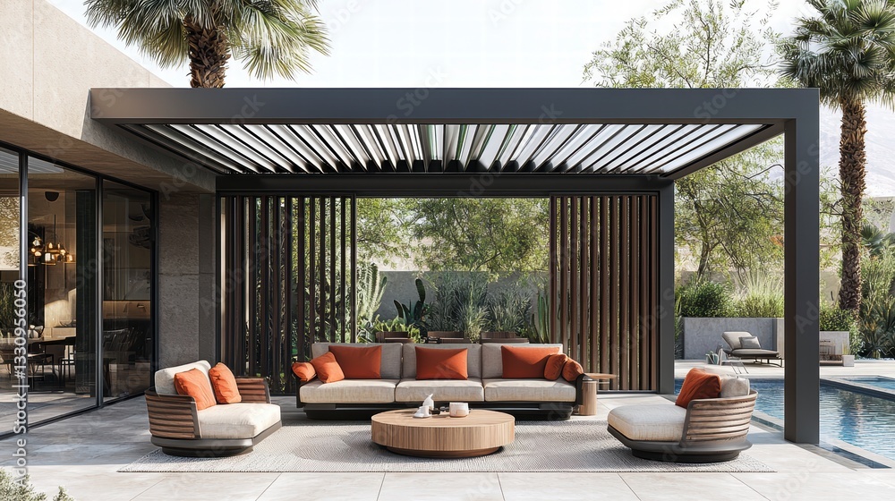 Fototapeta premium Modern Outdoor Lounge Area with Comfortable Seating and Pool View