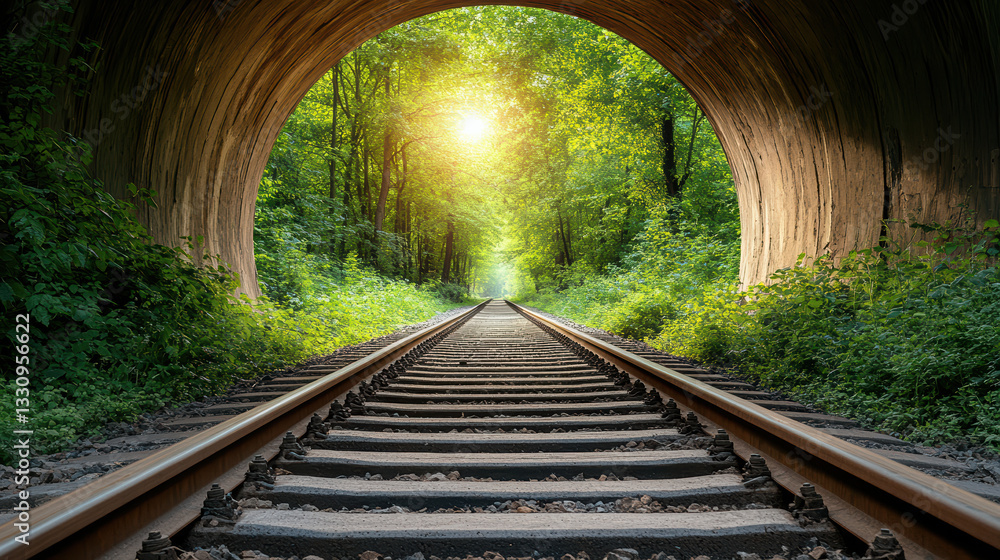 Obraz premium serene view of railway tracks leading into sunlit tunnel surrounded by greenery