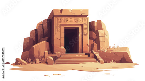 Digital illustration of an ancient stone structure, possibly a temple or tomb, depicted against a white background. The structure is rendered in shades of light brown and tan, suggesting a
