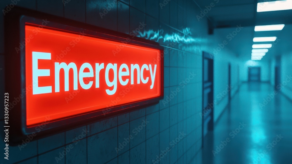 Fototapeta premium A glowing emergency sign illuminates a hospital hallway, emphasizing urgency and care.