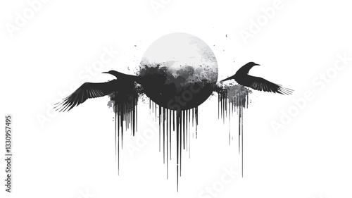 The image is a stylized monochrome illustration featuring two birds in flight flanking a central circular element that resembles a moon or orb. The birds are rendered with minimal detail and have a