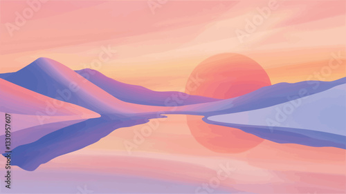 Digital illustration depicting a serene landscape at sunset or sunrise.  The scene features a calm lake reflecting a large, round sun in pastel shades of orange, pink, and purple.  Softly rendered