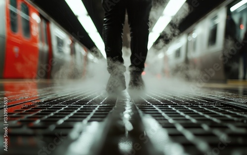 Person Walking On Steamy Subway Platform