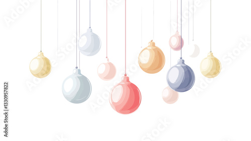 An illustration featuring multiple abstract, teardrop-shaped ornaments of varying pastel colors hanging from thin strings against a white background.  The ornaments are rendered in a soft, slightly