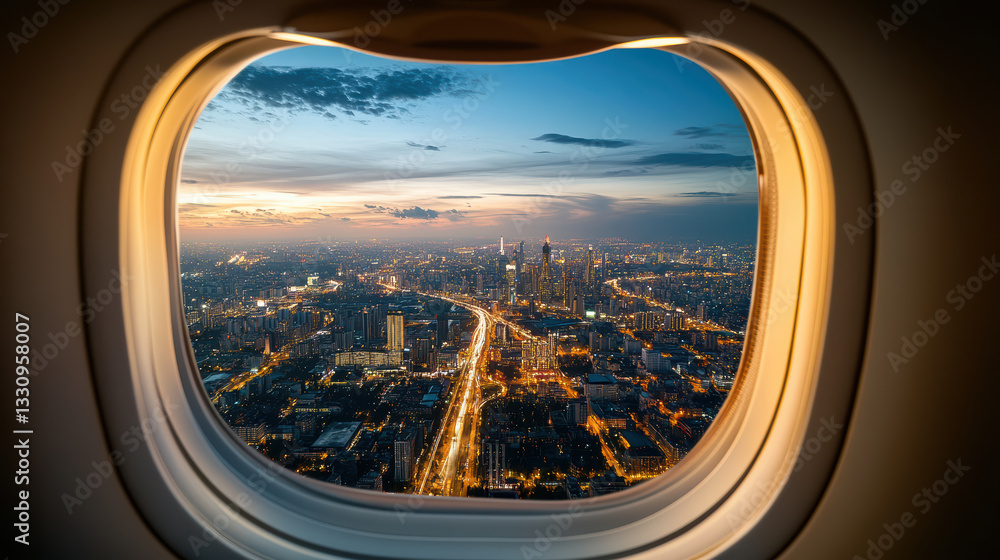 dreamy airplane window view of city skyline night, showcasing vibrant lights and urban beauty dreamy airplane window view of city skyline night, showcasing vibrant lights and urban beauty