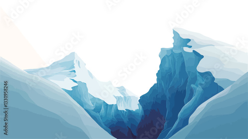 Digital illustration depicting a glacial crevasse.  The image features a deep crevasse in a snow-covered mountain range. The color palette is predominantly shades of blue and white, with varying