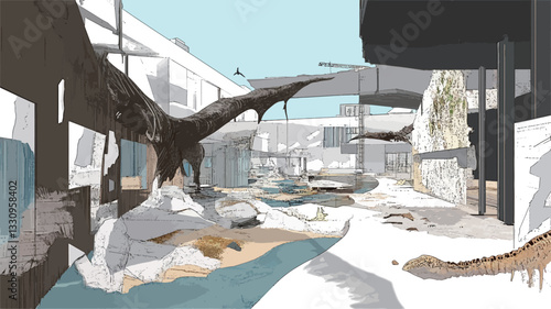 The image is a digital rendering, showing a stylized architectural design for a paleontological museum or exhibit space. The style is low-poly, with simple shapes and textures. The scene features