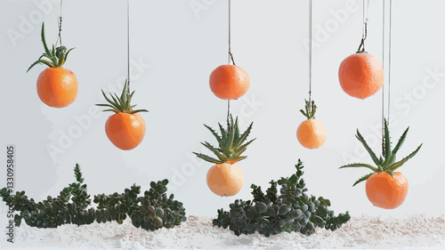 The image shows several small orange tomatoes and aloe vera plants suspended from thin strings against a white background.  The tomatoes appear ripe and have small green leaves attached. The aloe