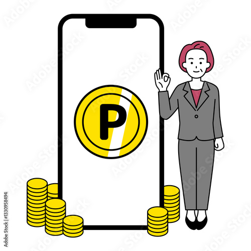 スマートフォンでポイントがたくさん溜まっている中年のスーツの女性