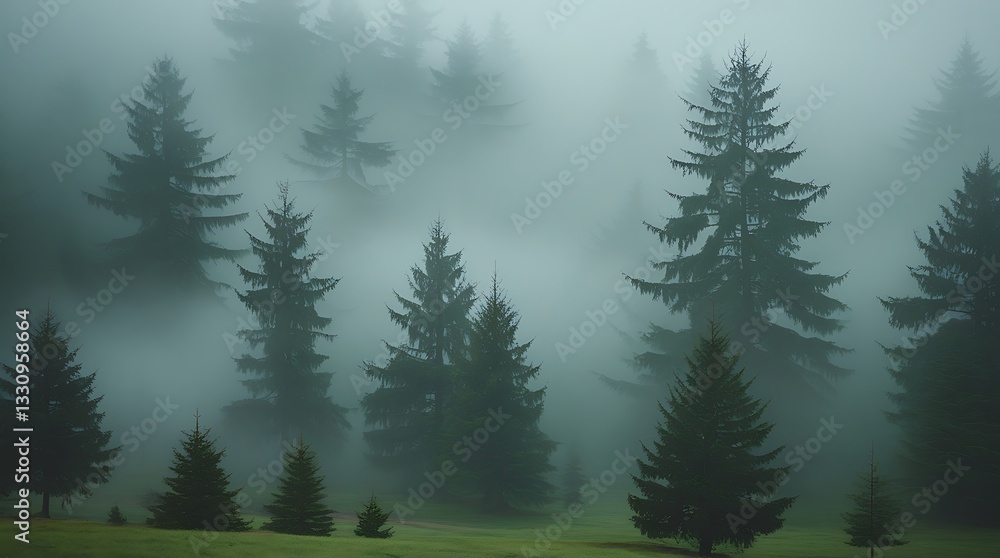Fototapeta premium Dense coniferous forest covered in morning fog, showcasing tranquil natural beauty with atmospheric depth and evergreen trees fading into misty wilderness, perfect for scenic backdrops