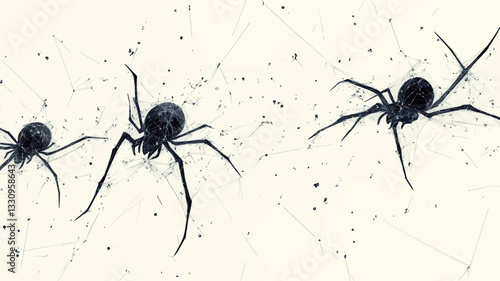 The image shows three black spiders positioned on a white spiderweb. The spiders are in focus, showcasing their eight legs and body details. The background is primarily white, with subtle texture