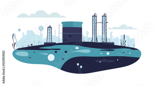 A stylized vector illustration depicting an industrial landscape. The illustration features a simplified representation of a factory or industrial plant, rendered in shades of teal and dark blue,
