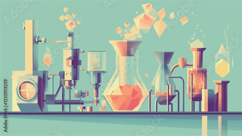 A stylized vector illustration depicting a chemistry laboratory setting.  The image showcases various glassware, including beakers, flasks, and distillation apparatus, filled with colorful liquids.