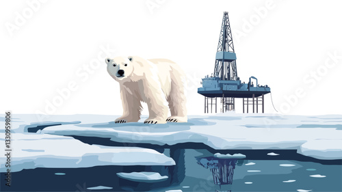 Digital illustration depicting a polar bear standing on a fragment of melting ice.  The ice is cracked and shows water underneath. In the background, an offshore oil rig is visible. The style is
