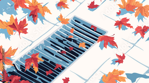 A stylized illustration depicting a street drain with fallen autumn leaves. The leaves are primarily orange and red, scattered around and inside the drain.  The pavement is light-colored, possibly