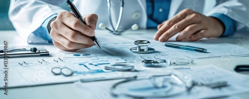A healthcare professional writing notes with medical tools on the table.