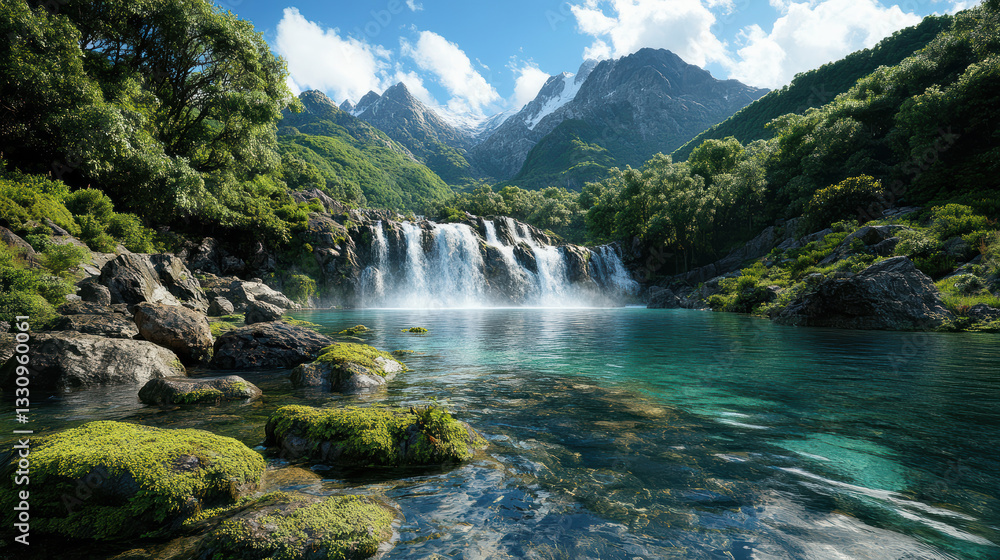 Fototapeta premium serene jungle waterfall surrounded by lush greenery and mountains