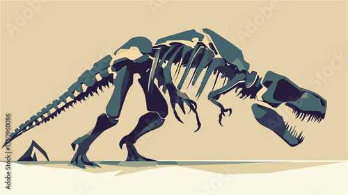 A stylized vector illustration of a Tyrannosaurus Rex skeleton. The skeleton is depicted in shades of teal against a beige background.  The style is minimalist and graphic, with clean lines and a