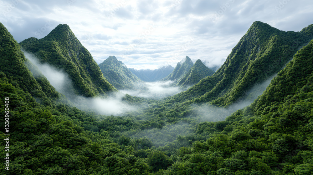 serene valley surrounded by lush green mountains and misty fog serene valley surrounded by lush green mountains and misty fog