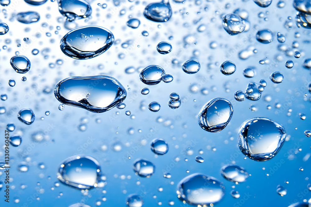 custom made wallpaper toronto digitalStunning close-up of water droplets, showcasing their glistening texture and translucent beauty against a soft blue background. Perfect for themes of purity, freshness, and hydration.