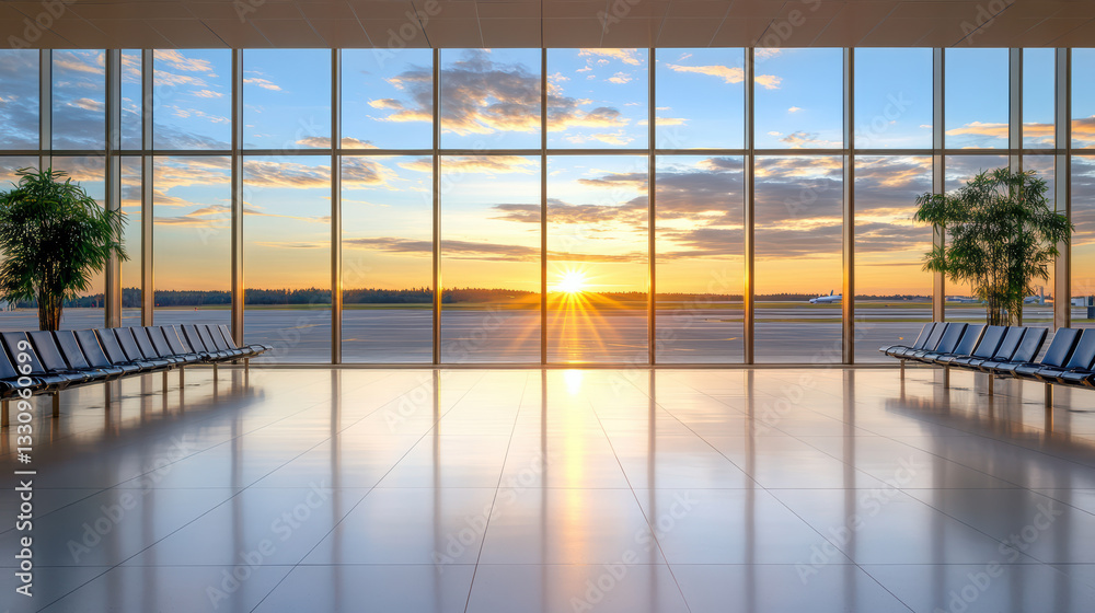 Fototapeta premium peaceful evening airport scene with travelers and beautiful sunset