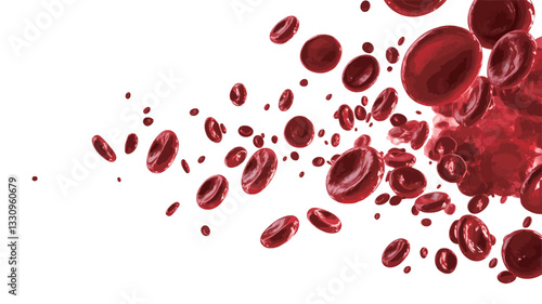 A digital illustration depicting numerous red blood cells dispersed against a white background. The red blood cells are rendered in varying sizes and degrees of focus, creating a sense of depth and