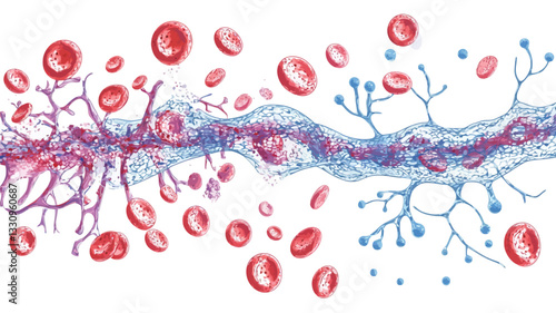 A detailed microscopic illustration depicting a blood vessel with numerous red blood cells flowing through it.  The vessel is rendered with intricate detail, showing its branching structure. The