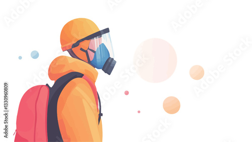 Digital illustration of a person wearing an orange hazmat suit, respirator mask, and a red backpack, viewed from the side profile against a white background with scattered pastel-colored circles.