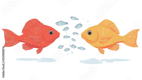 The image is a digital illustration or painting depicting two goldfish facing each other. One goldfish is orange, the other yellow. Both are stylized, appearing cartoonish and slightly simplistic