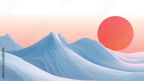Digital illustration depicting a stylized landscape. The image features a range of softly rendered, pastel-blue mountains against a background of a large, vibrant orange-red sun near the horizon.