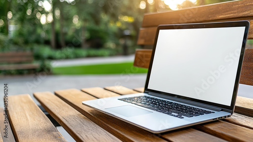 Fototapeta Naklejka Na Ścianę i Meble -  laptop on wooden bench in scenic park setting, perfect for work