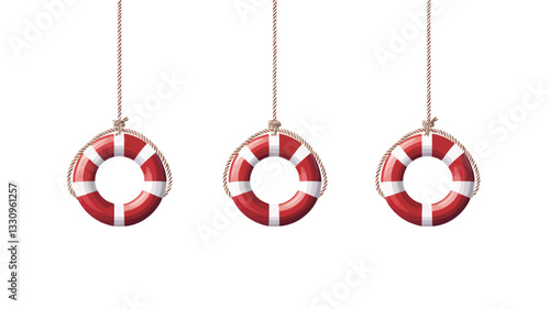 The image shows three identical red and white life preservers hanging from beige ropes against a pure white background.  Each life preserver is circular with a central hole and is depicted with