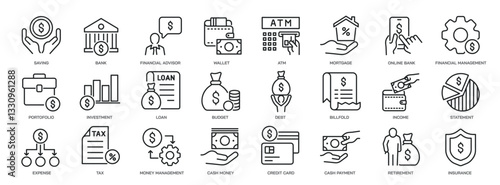 Set of collection line icons related personal finance, economy, money, income. Editable stroke. Perfect pixel on transparent background
